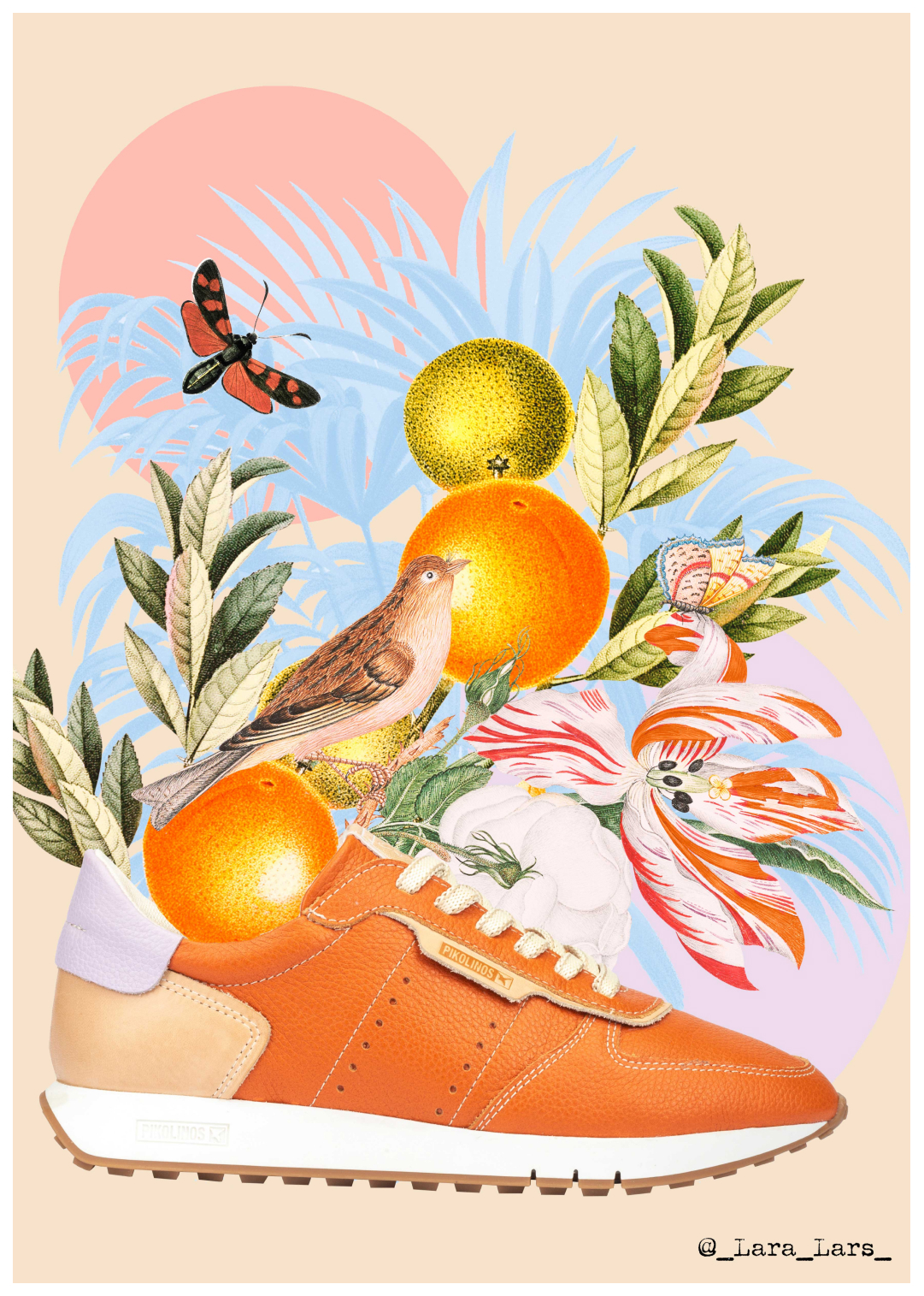 Women's orange sneakers on a drawing created by Lara Lars with leaves, flowers, birds and oranges
