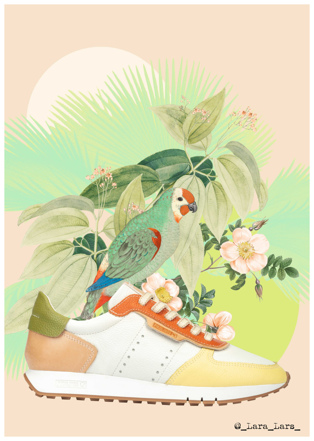 Women's creamy sneakers on a drawing created by Lara Lars with leaves, flowers and a bird
