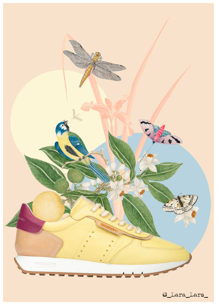 Women's yellow sneakers on a drawing created by Lara Lars with leaves, flowers, butterflies and birds